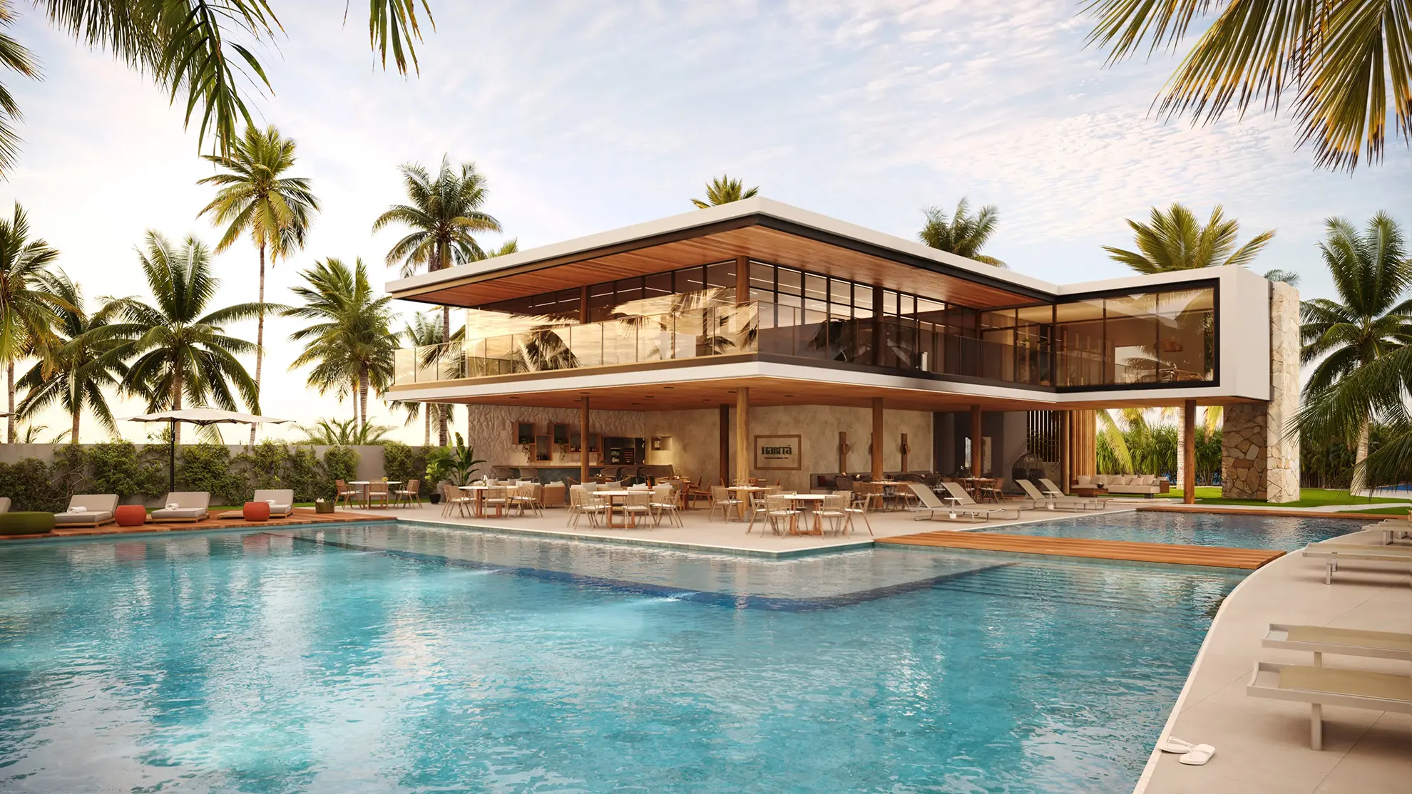 Fachada beach club à beira-mar